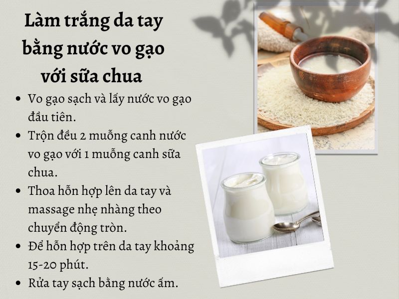 Làm trắng da tay bằng nước vo gạo và sữa chua 